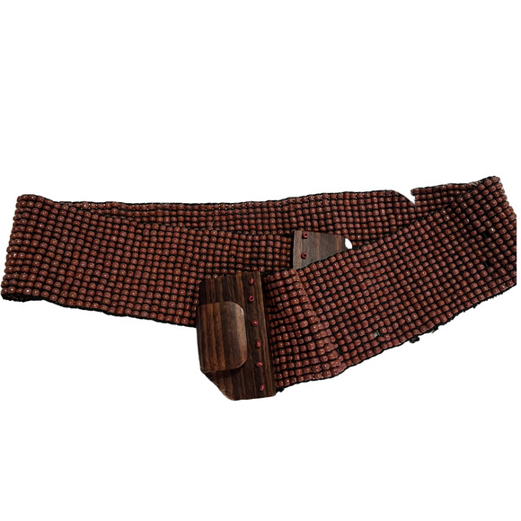 Vintage 90s Y2K Brown Beaded Elastic Belt with Wooden Clasp - Picture 2 of 5